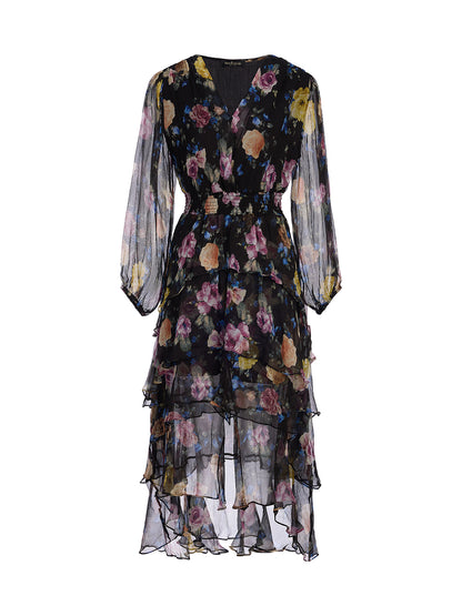 Printed Silk Elastic-Waist Tiered Dress
