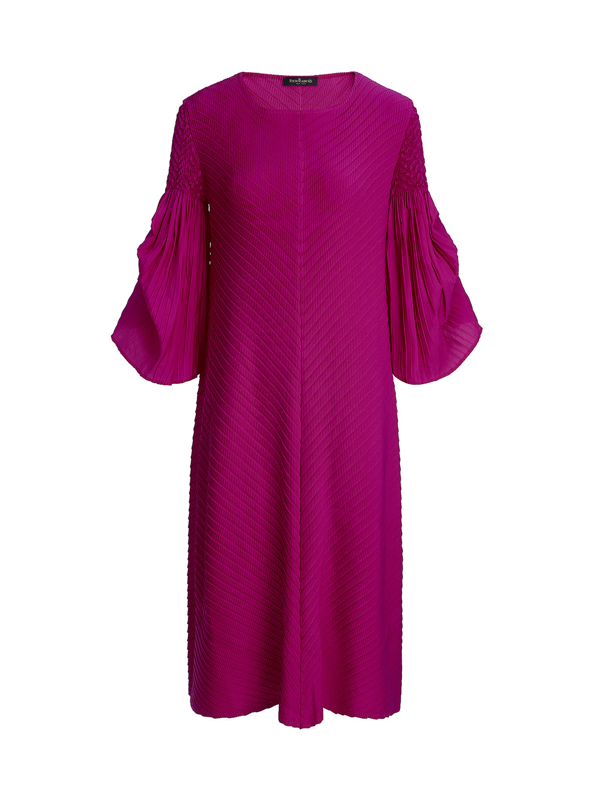 Pleated Bell-Sleeve Crew-Neck Dress