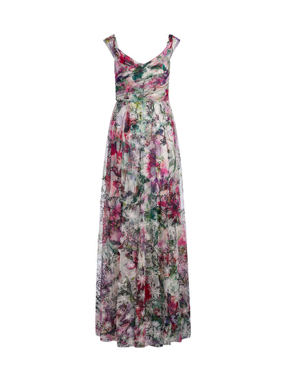 Painterly Floral Sheer Mesh Evening Gown