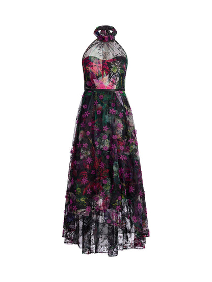 Floral Print Tulle Halter Neck Maxi Dress