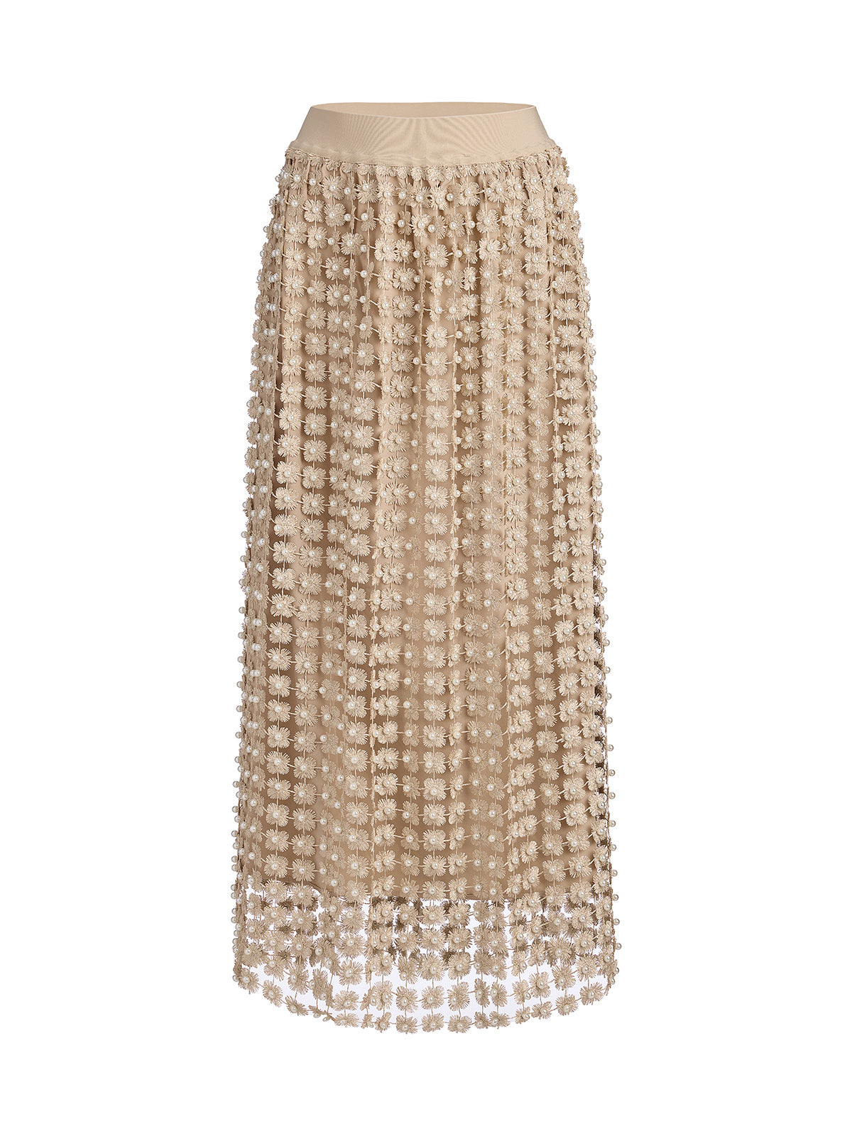 Floral Pearl-Embellished Elastic-Waist Skirt