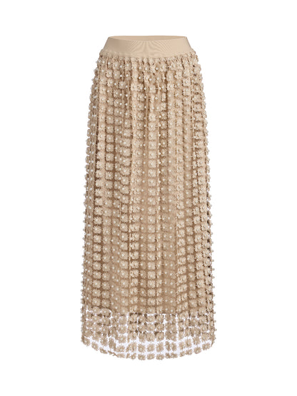 Floral Pearl-Embellished Elastic-Waist Skirt