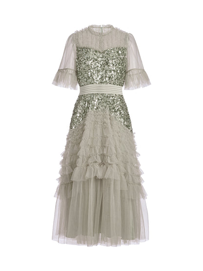 Pleated Sequin Flared-Sleeve Maxi Dress