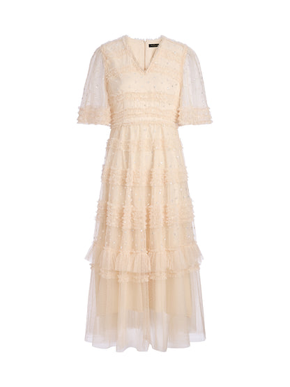 Sequin Embroidered Tulle Ruffled Maxi Dress
