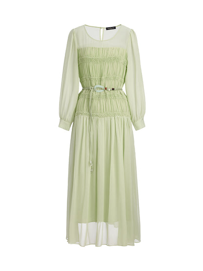 Smocked Pleated Dress (Belt Included)