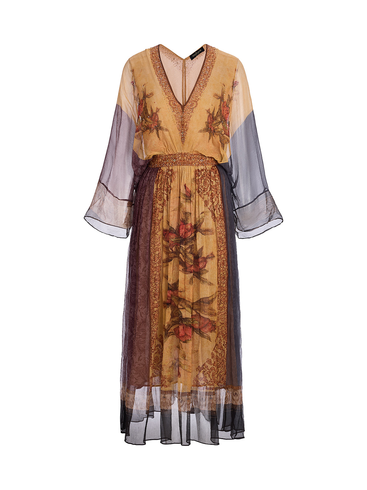 Silk Rhinestone Floral Batwing-Sleeve V-Neck Dress