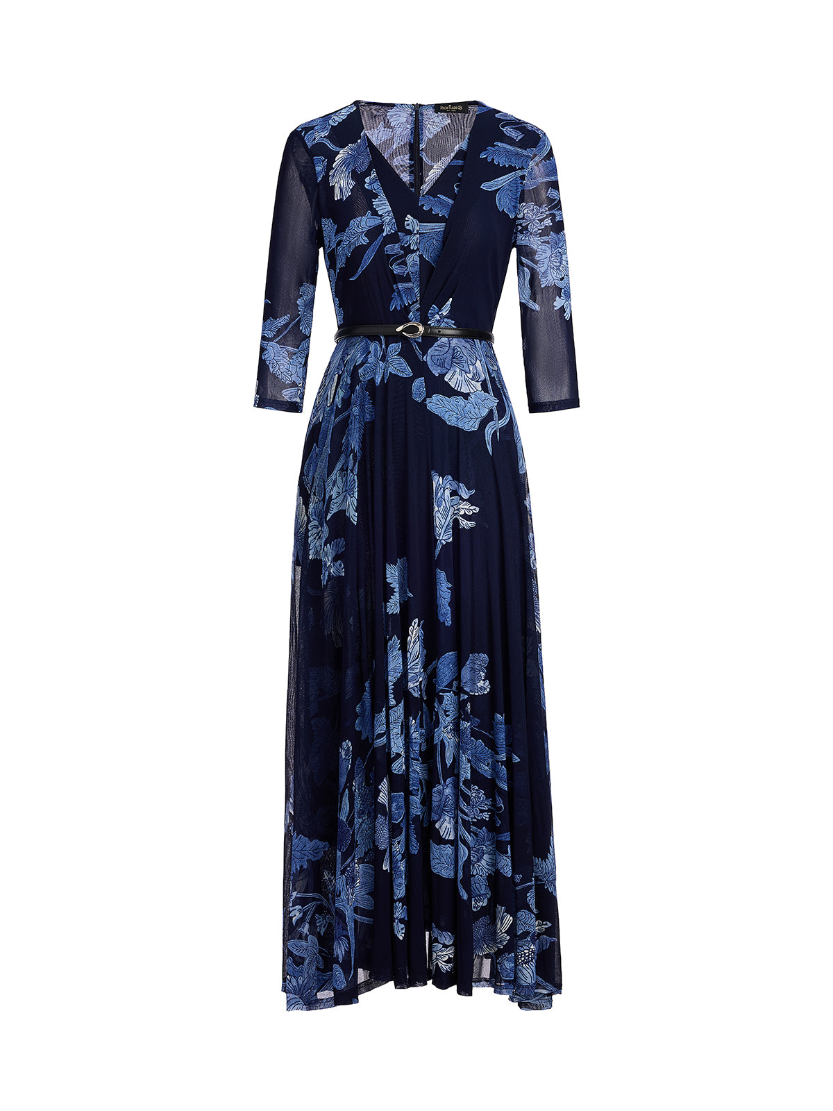 Floral Mesh V-Neck Maxi Dress (Belt Included)