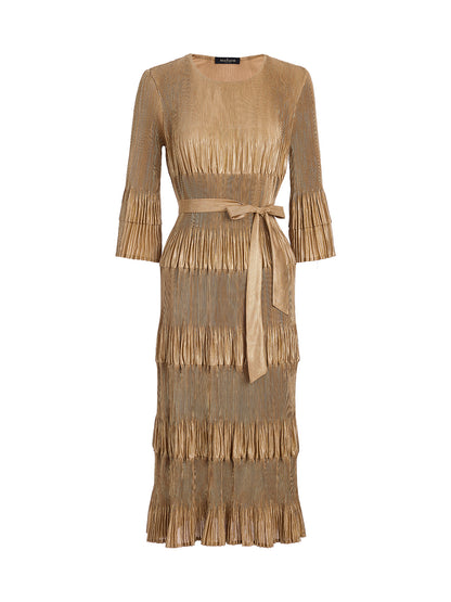 Foil Print Pleated Printed High-Stretch Dress (Waist Tie Included)