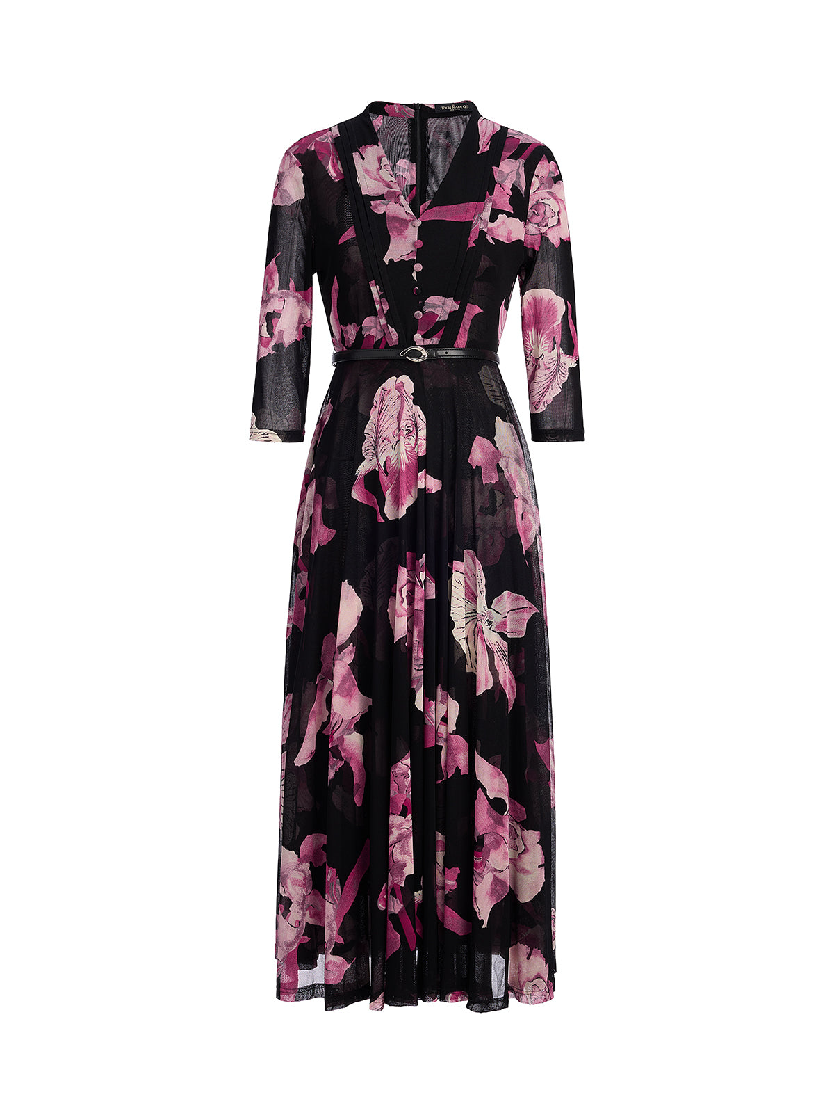 Floral Mesh Pleated V-Neck Dress (Belt Included)