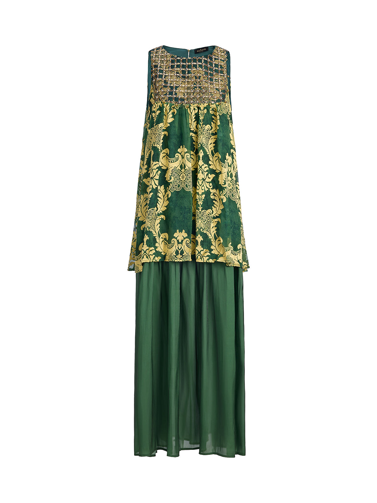 Pleated Jacquard Chiffon Beaded Gown