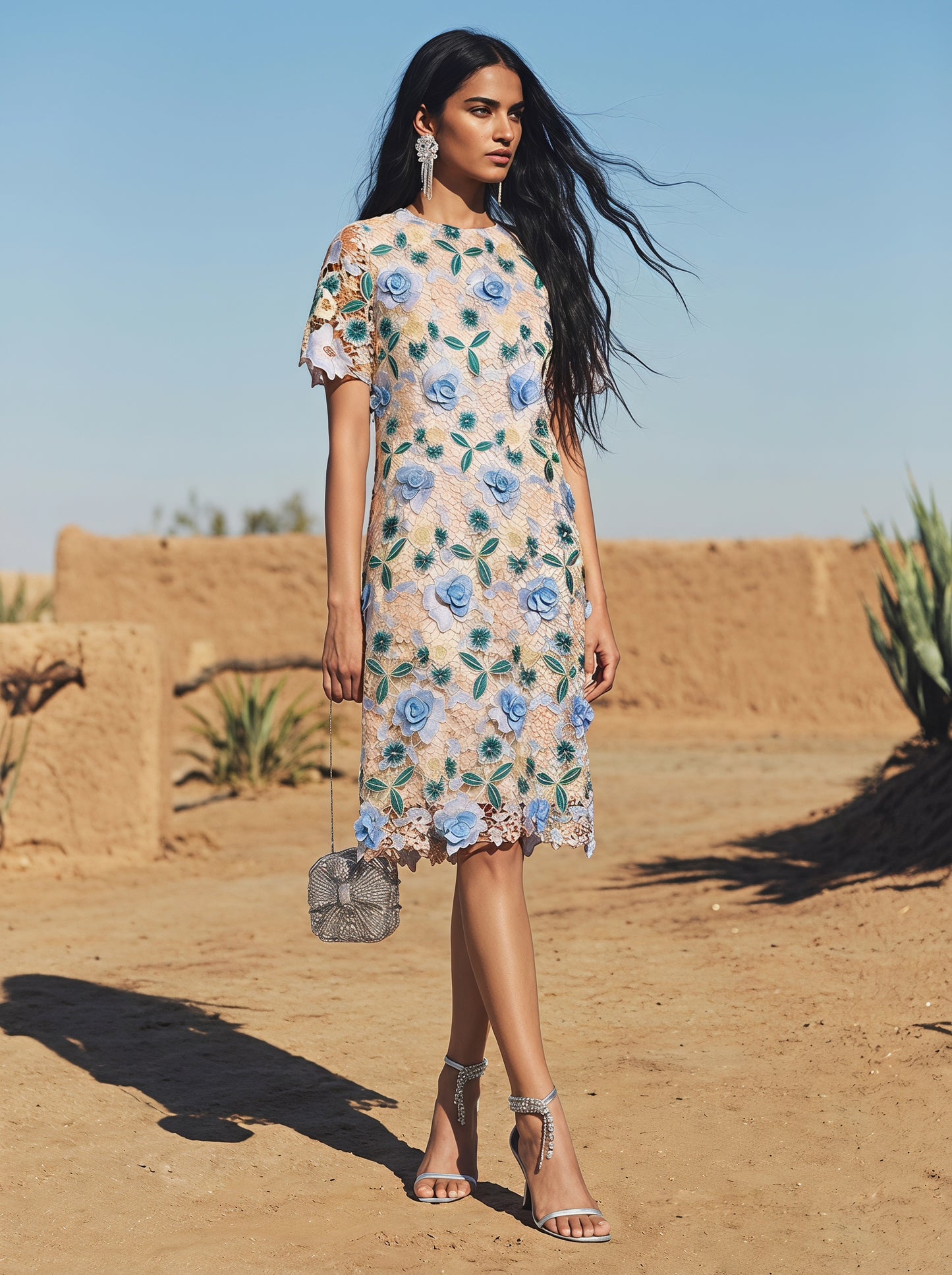 Guipure Lace Floral Leaf-Embellished Dress