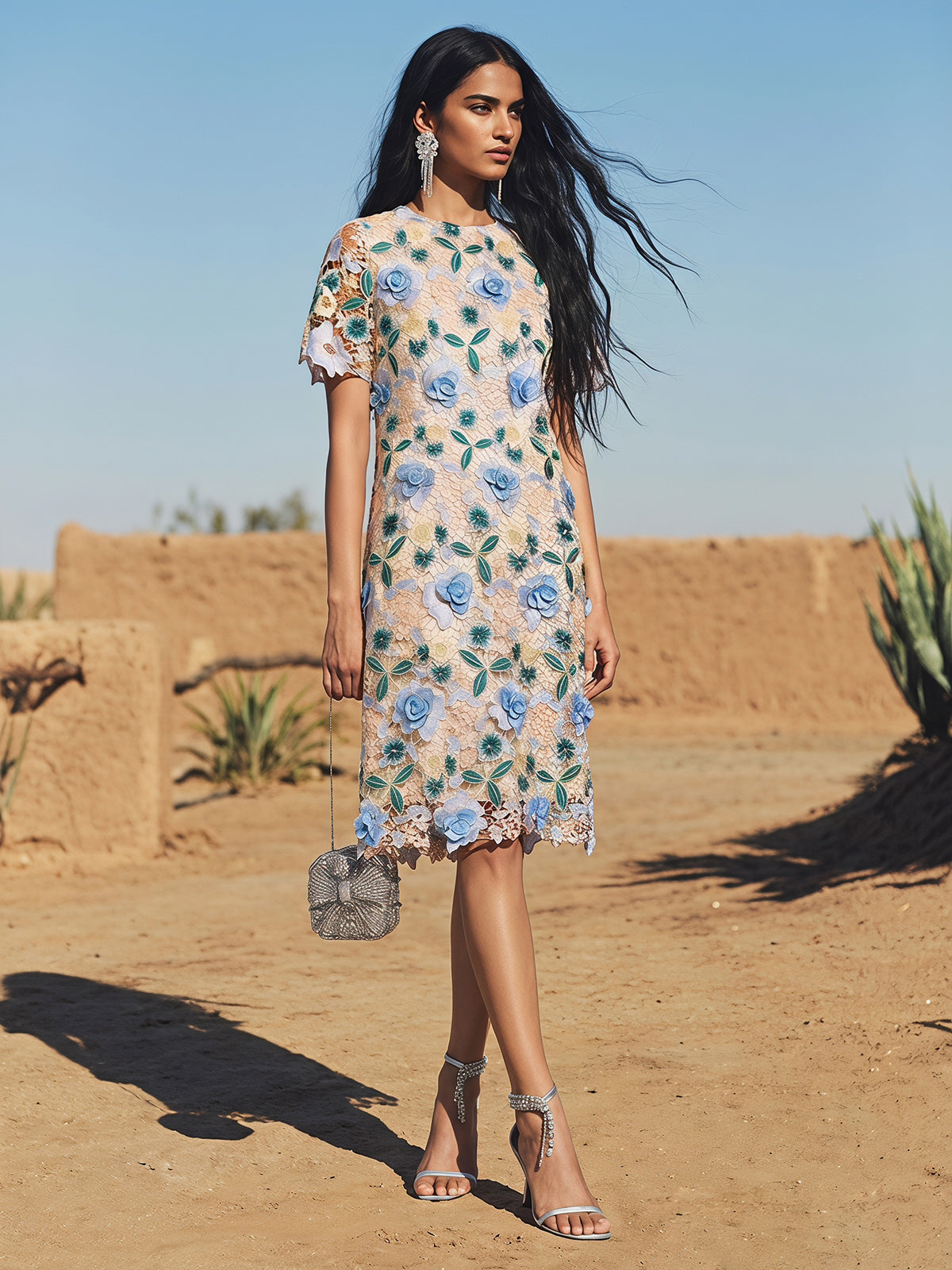 Guipure Lace Floral Leaf-Embellished Dress
