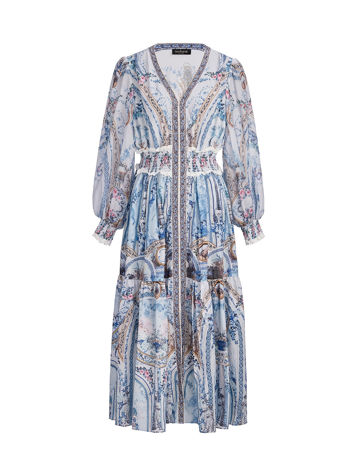 Printed Rhinestone Smocked Waist Dress