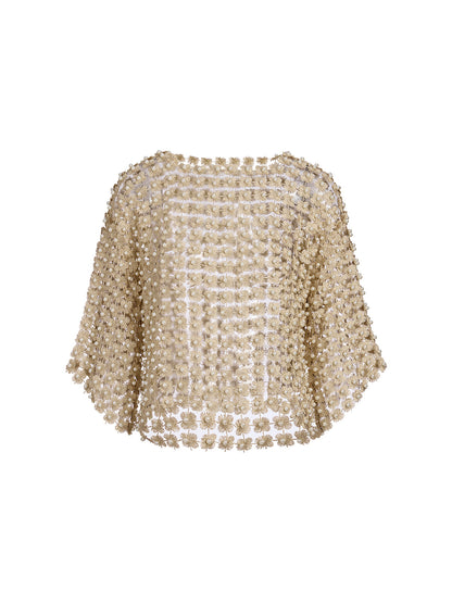 Floral Pearl-Embellished Round-Neck Top