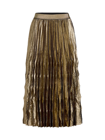 Metallic Pleated Elastic-Waist A-Line Skirt