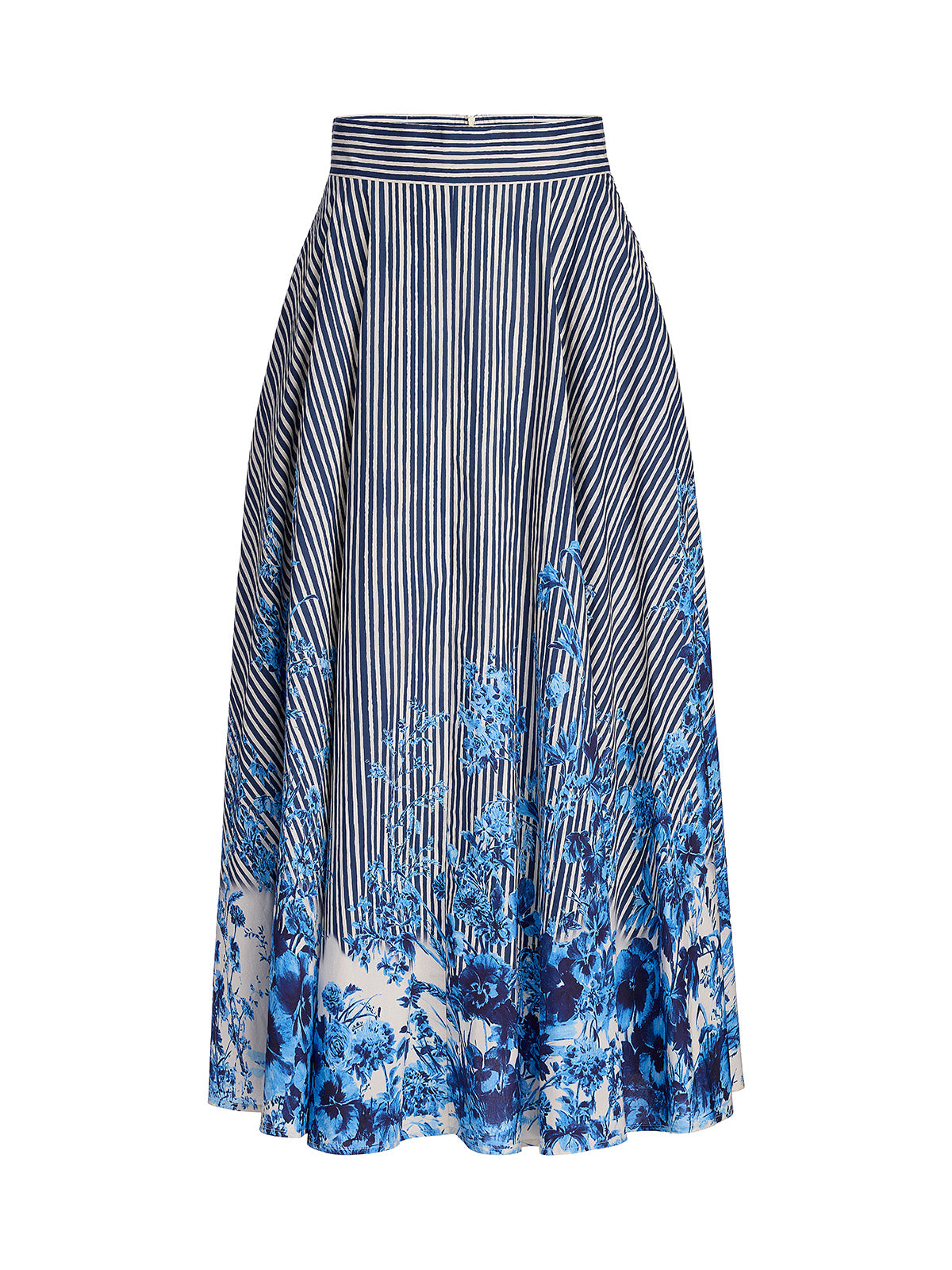 Cotton Stripe Floral Patchwork High-Waist Flare Skirt