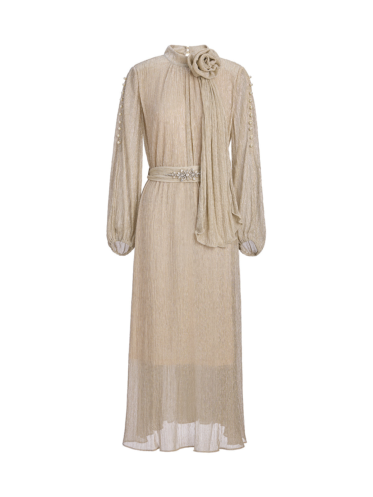 Glitter Pleated Pearl-Buttons Dress (Detachable Floral & Waist Tie Included)