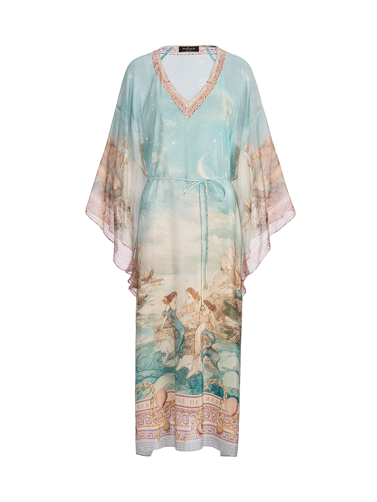 100% Silk Mermaid Print Batwing Sleeve Dress(Waist Tie, Headscarf & Scrunchie Included)