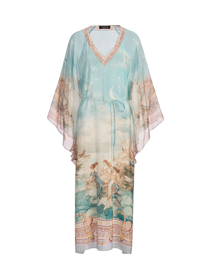 100% Silk Mermaid Print Batwing Sleeve Dress(Waist Tie, Headscarf & Scrunchie Included)