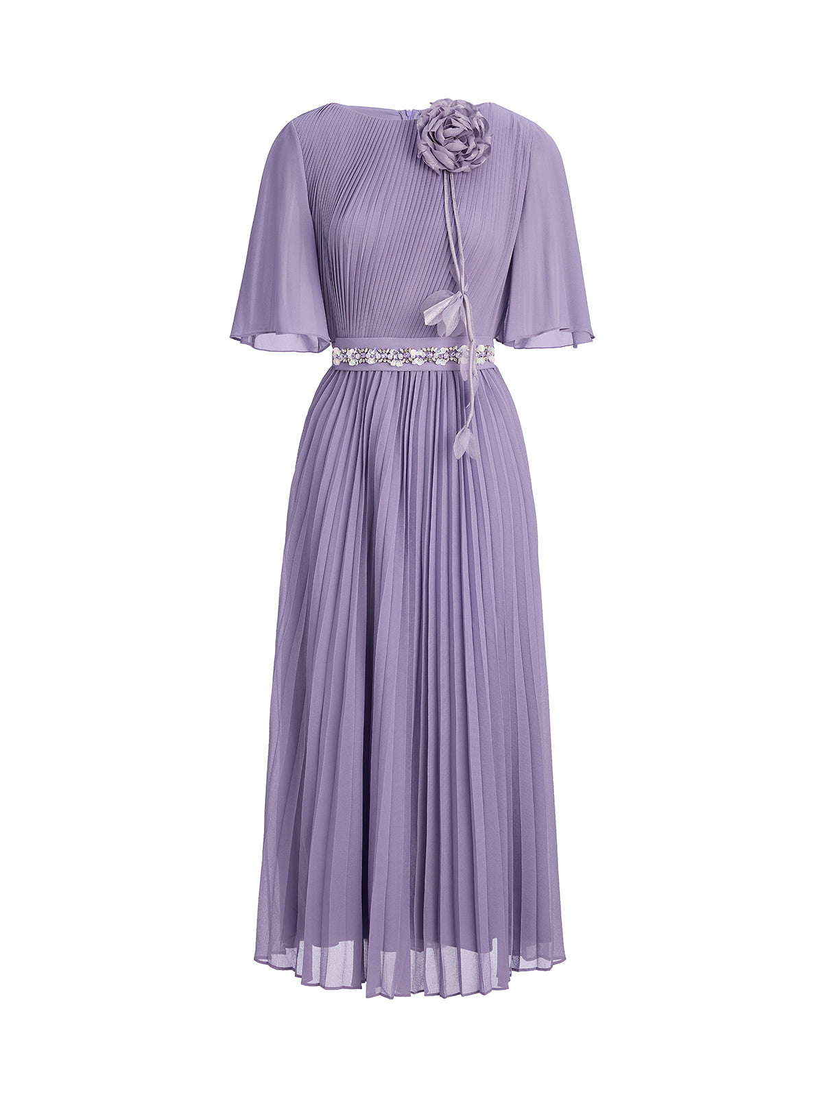 Embroidered Pleated Maxi Dress (Detachable Floral & Waist Tie Included)