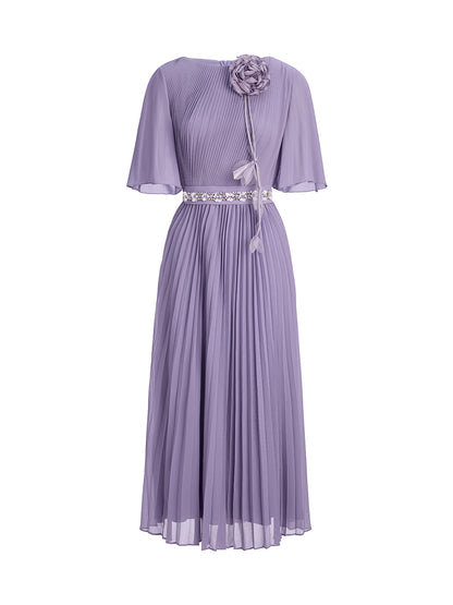 Embroidered Pleated Maxi Dress (Detachable Floral & Waist Tie Included)