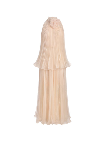 Hand-Braided Off-Shoulder Cutout Pleated Dress (Detachable Floral Included)