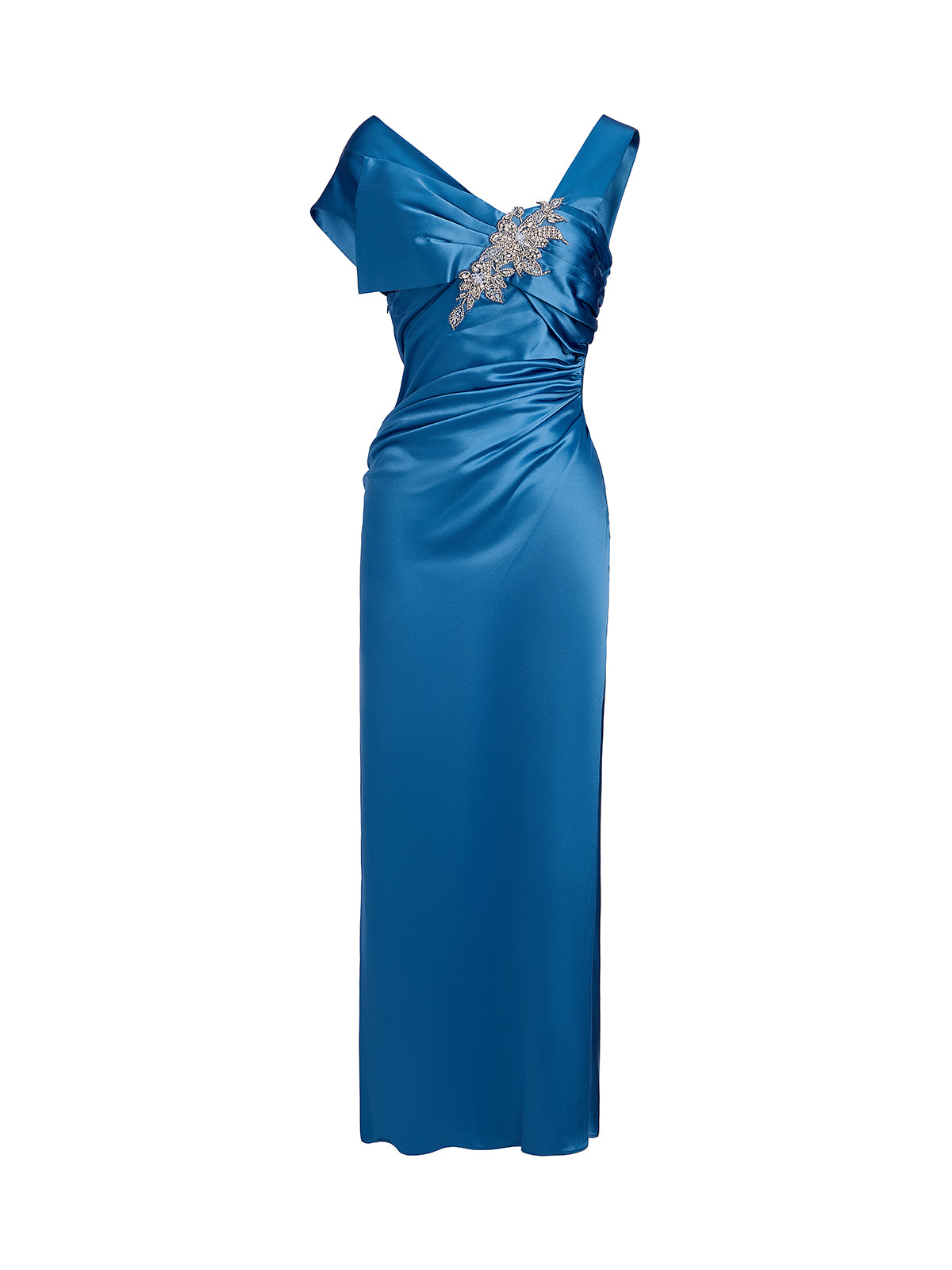 Beaded Satin Draped Waist Evening Dress