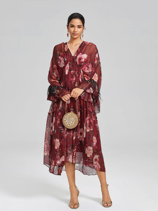 Silk Floral Print V Neck Batwing Sleeve Dress (Slip Dress Included)