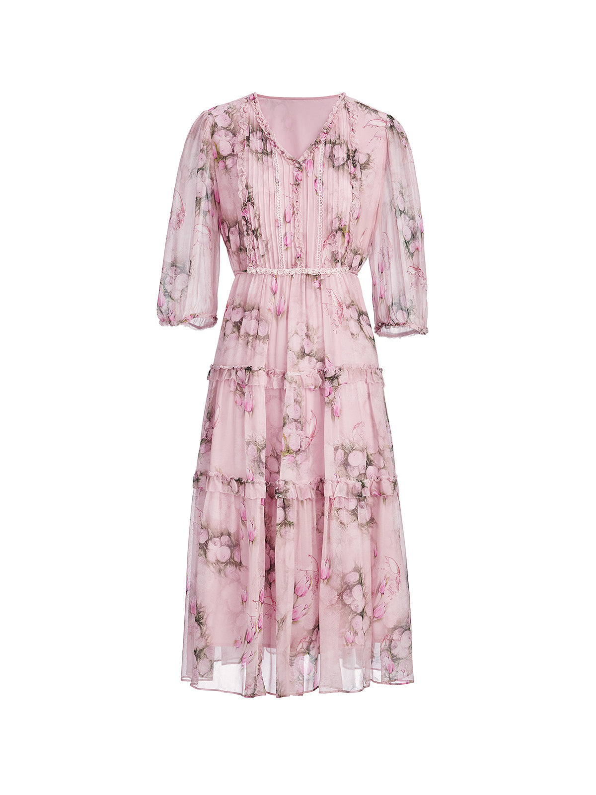 Accordion Pleated Silk Rose Print Dress