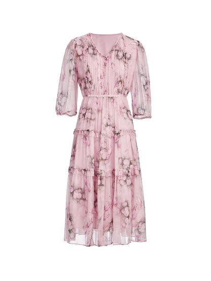 Accordion Pleated Silk Rose Print Dress