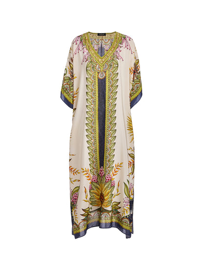 Silk Ethnic Totem Print Batwing Robe Dress