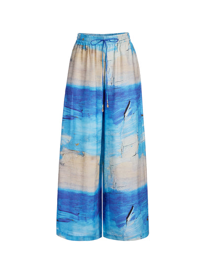 Blue Oil Painting Print Wide-Leg Pants