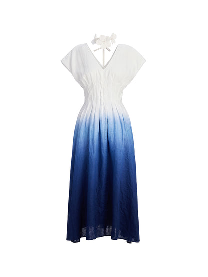 Linen Tie-Dye Resort Maxi Dress (3D Floral Waist Rope Included)