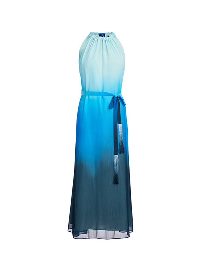 Pleated-Neck Tie-Detail Gradient Maxi Dress (Waist Tie Included)