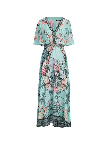 100% Silk Printed Flared-Sleeve Resort Maxi Dress