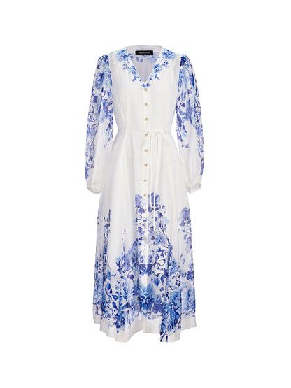 V-Neck Lantern-Sleeve Maxi Dress (Waist Tie & Slip Dress Included)