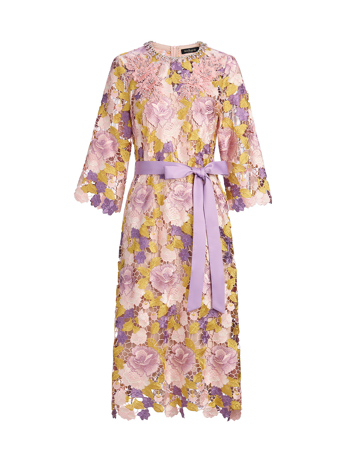 Embroidered Floral Lace Beaded Dress (Waist Tie & Slip Dress Included)