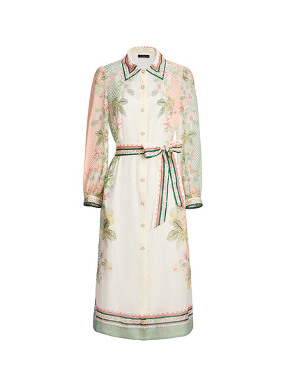 Ramie Floral Polka Dot Patchwork Lapel Button Shirt Dress