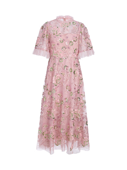 3D Floral Embroidered Sequin Mesh High-Waist Flare Dress