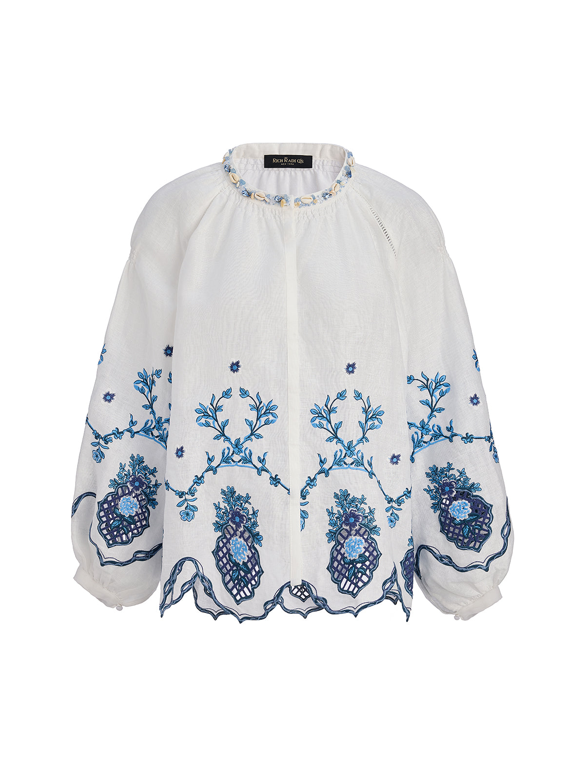 Linen Embroidered Cutwork Balloon Sleeve Top