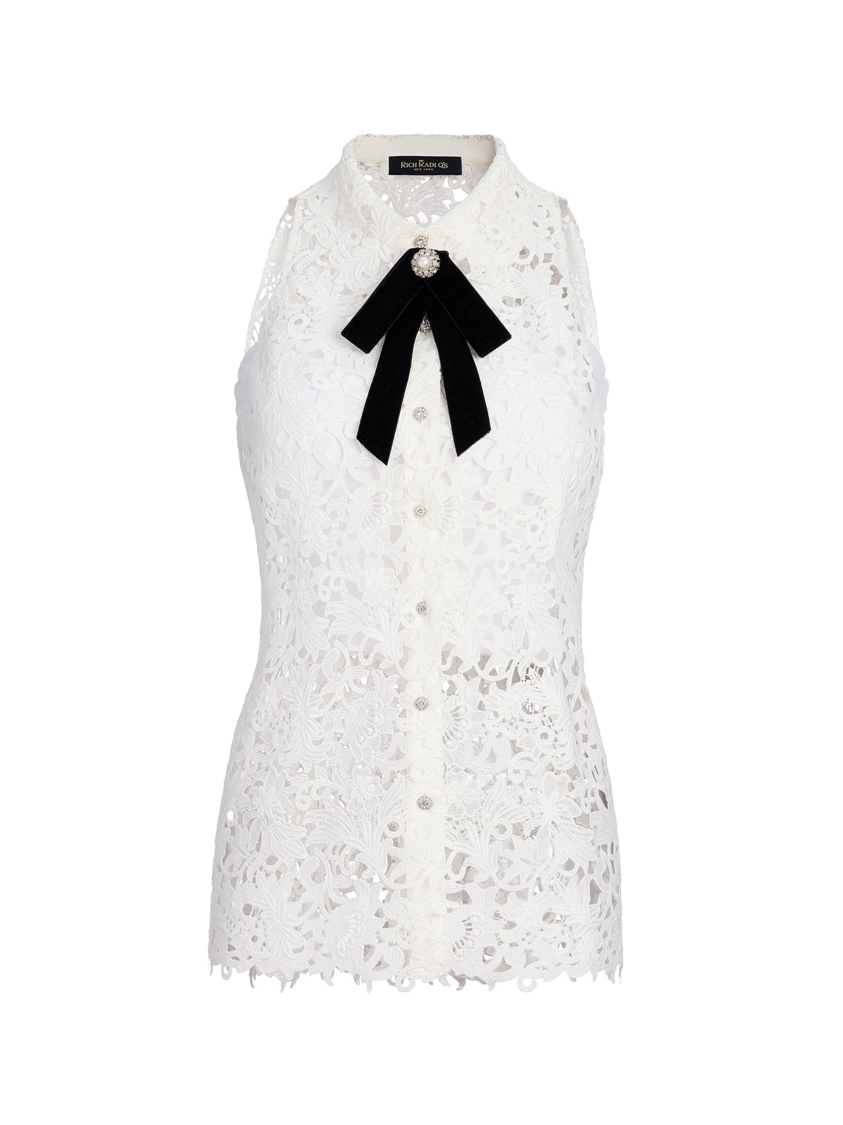 Guipure Lace Halter Rhinestone Button Top
