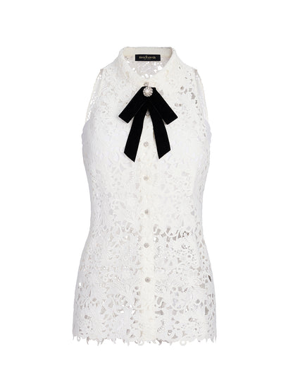 Guipure Lace Halter Rhinestone Button Top