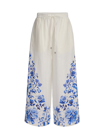 100% Linen Drawstring Wide-Leg Pants