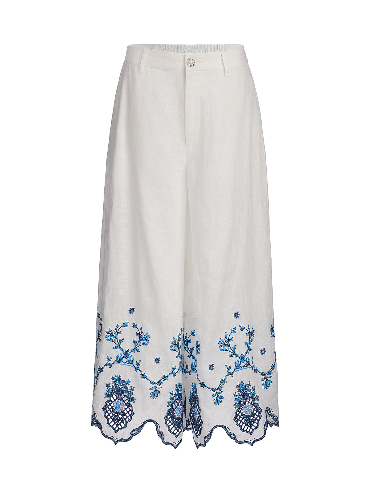 Linen Embroidered Cutwork Pearl Button Wide-Leg Pants