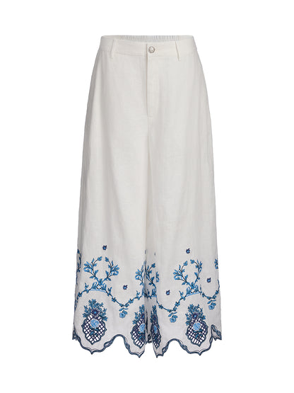 Linen Embroidered Cutwork Pearl Button Wide-Leg Pants