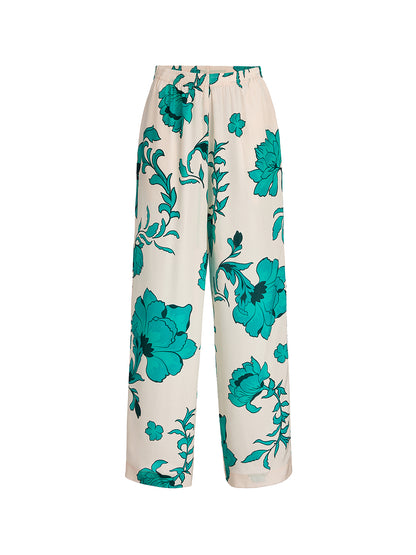 100% Silk Drawstring Waist Elastic Wide-Leg Pants