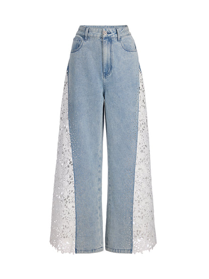 Washed Denim Lace Cutwork Rhinestone High-Waist Flared Pants