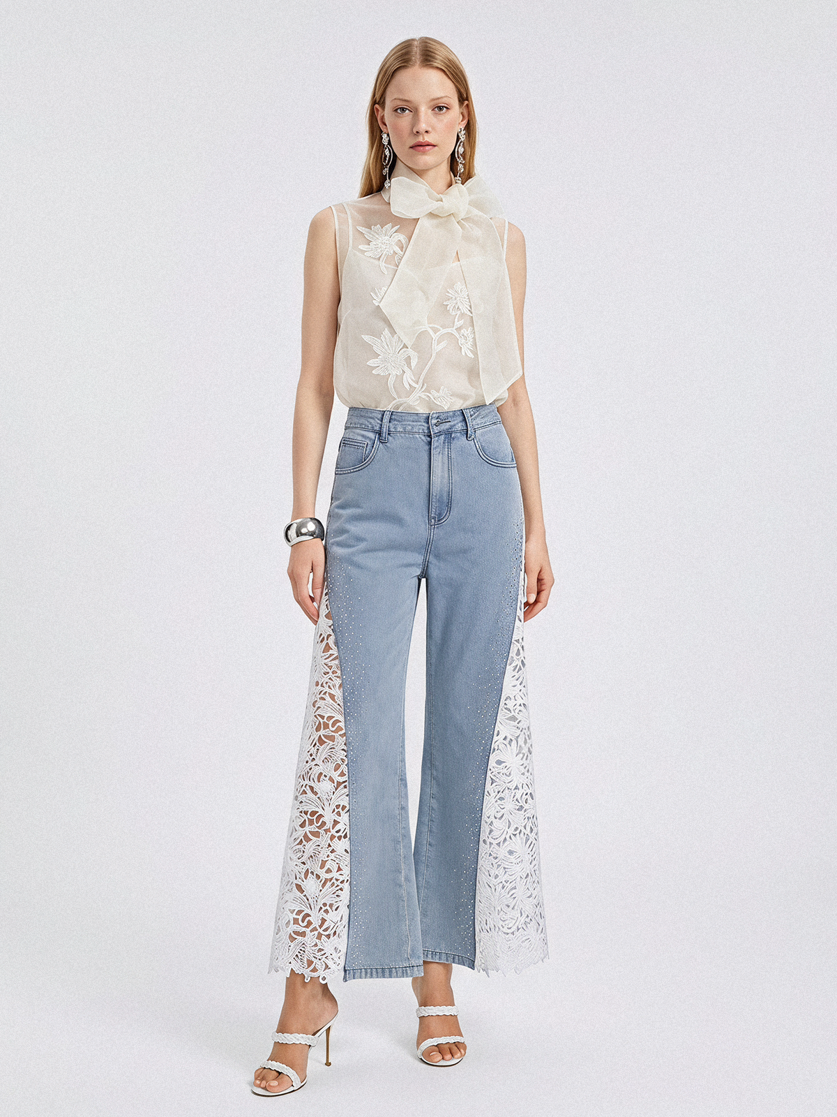 Washed Denim Lace Cutwork Rhinestone High-Waist Flared Pants