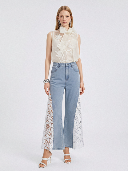 Washed Denim Lace Cutwork Rhinestone High-Waist Flared Pants