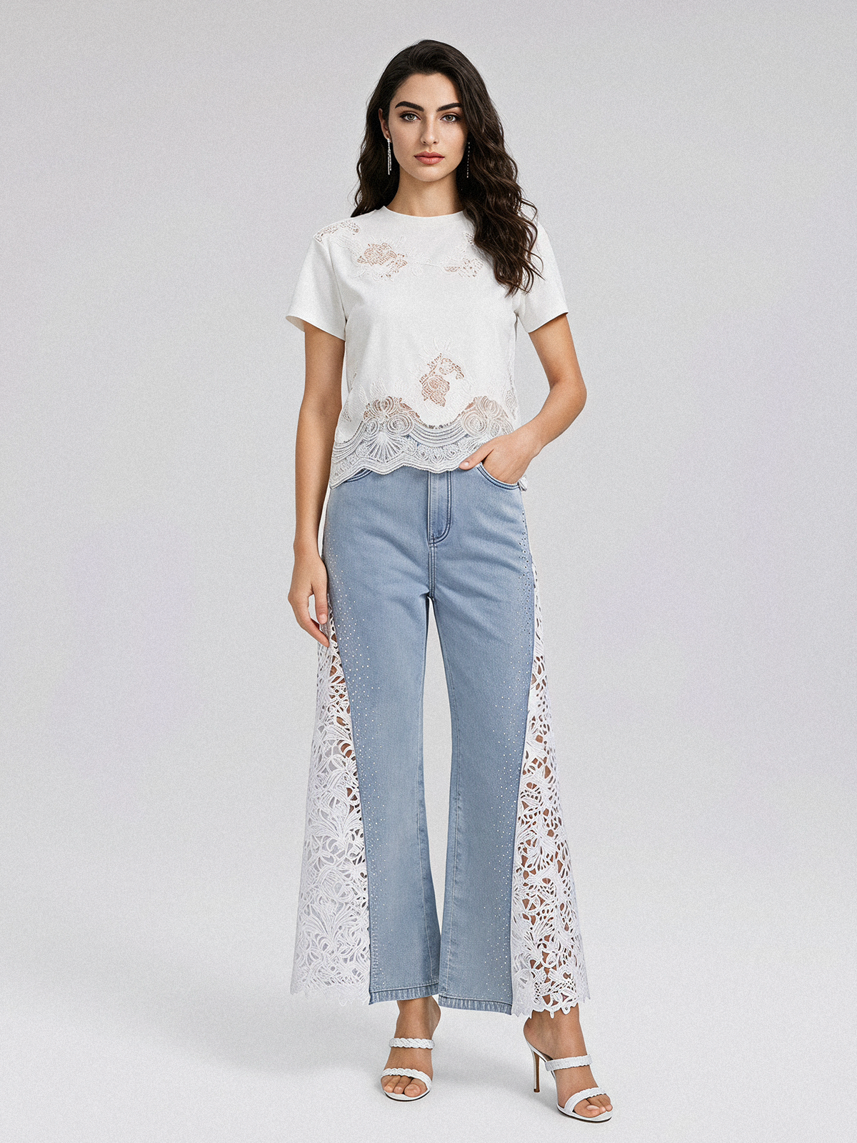 Washed Denim Lace Cutwork Rhinestone High-Waist Flared Pants